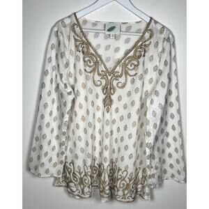 Nurture Womens Size XL White & Gold Embellishing 100% Cotton‎ V-Neck Tunic Top
